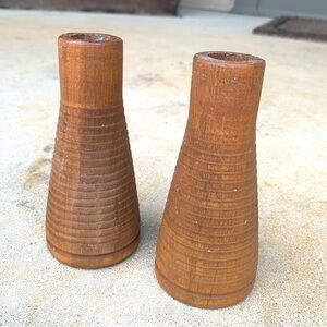 Vintage wooden thread spools candlestick holder 5.5”